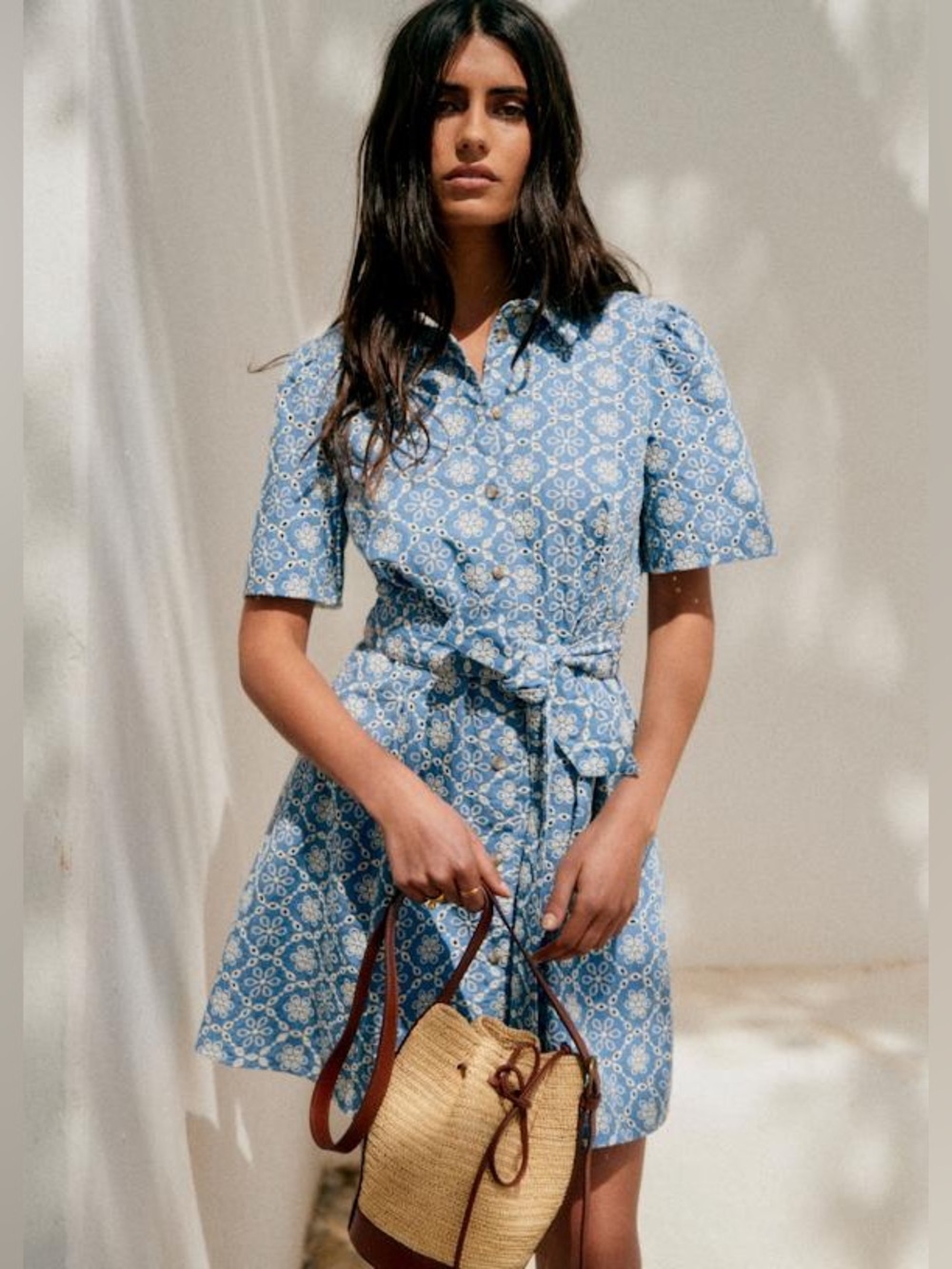Sezane Gemini Dress in Chambray with Ecru Embroidery NWT Size 6/38